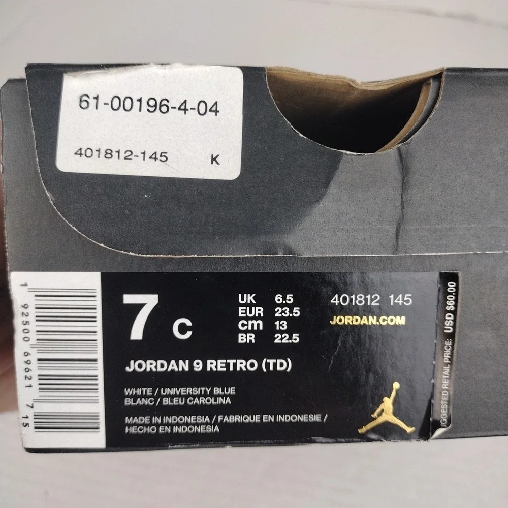 Nike Air Jordan 9 Retro 23 IX UNC Pearl Blue 401812-145 Toddler SZ 7 C Sneakers